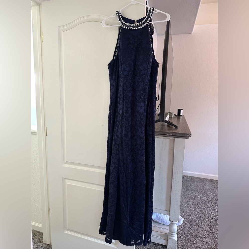 Navy Blue floor length formal gown with beaded neckline